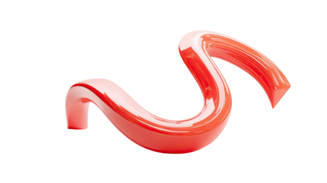 Red glossy curved 3D abstract shape with smooth reflective surface modern fluid design element isolated on white background