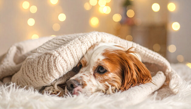 Cozy Spaniel Dog Relaxing Under a Warm Knitted Blanket with Festive Lights.