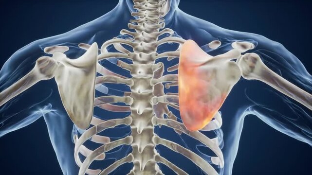 Animated Human Torso Skeleton with Scapula Pain Visualization on Dark Blue Background