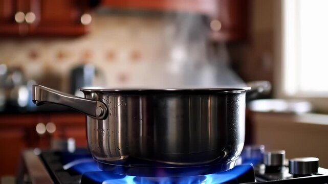 A stainless steel pot on a gas stove boils water, producing steam visible in a warm-toned kitchen