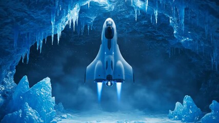 Spaceship making a controlled vertical landing inside a glowing blue frozen ice cave, exploring a futuristic scientific arctic landscape for discovery and research - Powered by Adobe