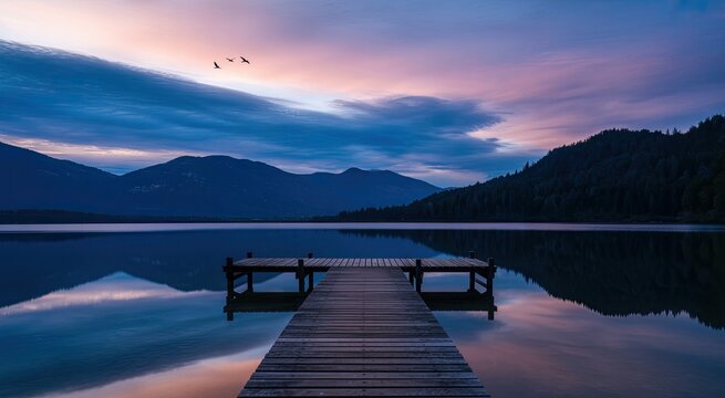 Serene lake landscape with wooden pier at dusk reflecting mountain views
