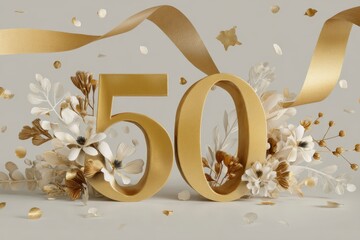 Elegant Golden Fifty Number with Flowers and Ribbons for Celebration