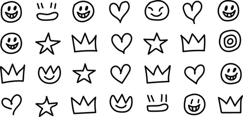 Collection of hand drawn doodle icons featuring smiling faces hearts stars and crowns in a simple black and white sketch style for graphic design and illustration projects