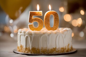 Obraz premium Elegant Fifty Celebration Cake with Candles and Soft Background Glow