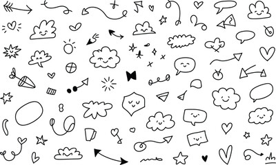 Fototapeta premium A collection of hand drawn doodle icons and symbols featuring various shapes flowers hearts arrows speech bubbles and abstract elements in a whimsical and playful style