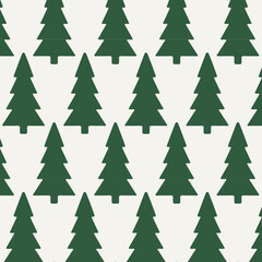 Seamless pattern with green Christmas trees on beige background. Simple minimal vector design for winter decoration, wrapping paper, and festive projects.