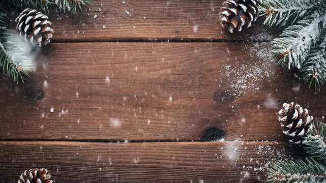 Winter snowy wooden tabletop background with pine needles and falling snow, clean natural 4K loop for copy space or christmas advertising video