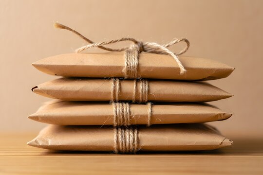 Stack of brown paper packages tied with string sitting on a wooden surface near wall