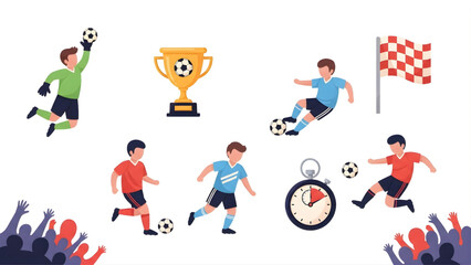 A collection of dynamic flat vector illustrations showing soccer players in action, a championship trophy, and other football game elements