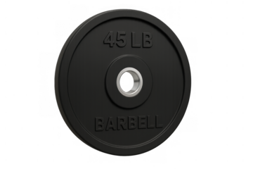 Black barbell weight plate with 45 lb text, workout equipment for fitness and strength training on transparent background