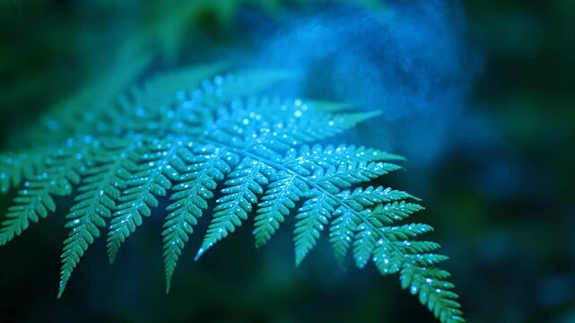 Green fern frond shows intricate patterns and small water droplets, creating a fresh and vibrant natural texture against a soft, dark forest background, symbolizing growth and tranquility