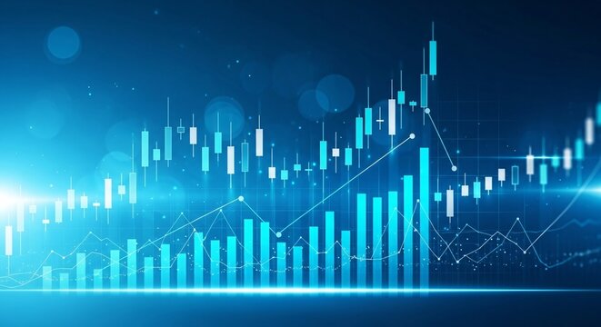 Financial Chart with Candlestick Stock Analysis and Increasing Market Trend on Blue Background