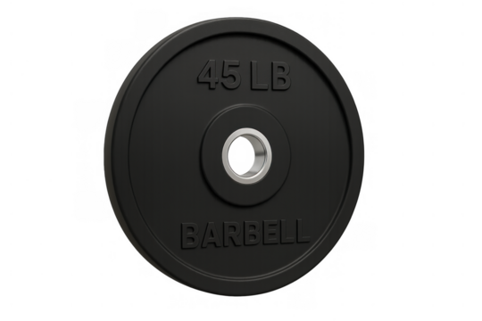 Black barbell weight plate with 45 lb text, workout equipment for fitness and strength training on transparent background