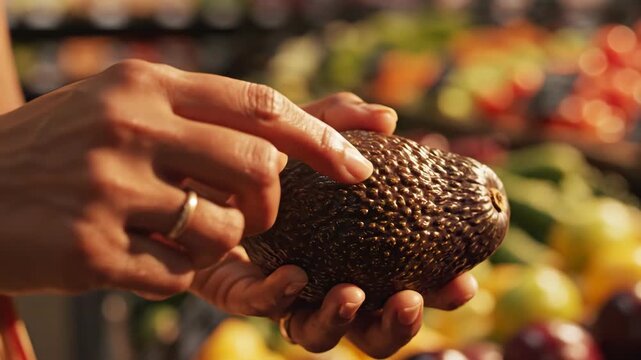 Checking Ripeness of Avocado in a Supermarket Produce Section