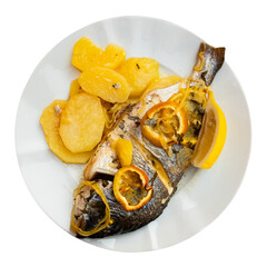 Grilled sea bream or dorado with boiled potatoes. Isolated over white background