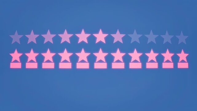 A blue background displays two rows of stars. One row glows, other fades to gray, symbolizing rating