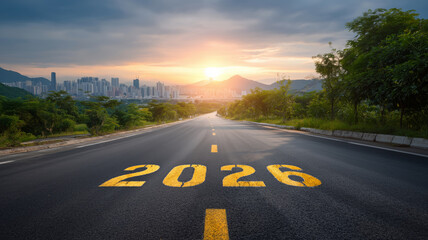 Future ahead road marked 2026 urban landscape sunset view inspirational journey