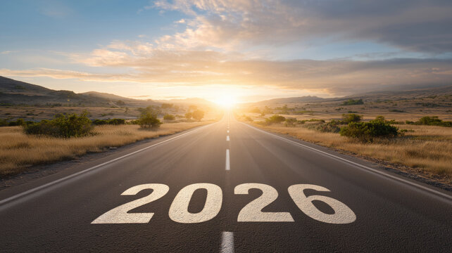 Future journey ahead year 2026 on an open road under a bright sky landscape photography