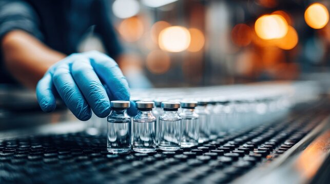 Medical professional handling vials of vaccine on a production line
