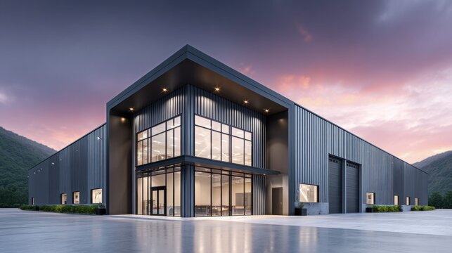 Modern industrial building exterior with glass windows and a mountain backdrop