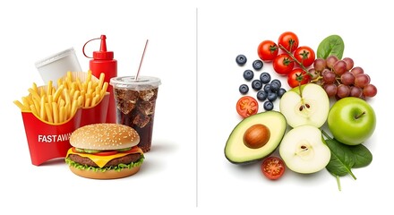 Juxtaposition of unhealthy fast food and fresh healthy fruits