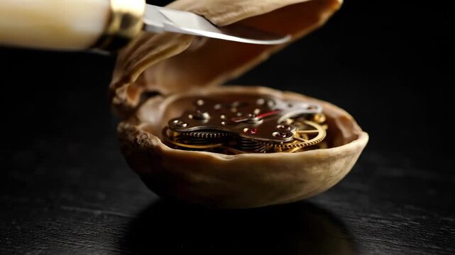 Pistachio in its partially open shell with a small knife inserted, assisting in the cracking of the nut against a dark background, highlighting fresh nuts and healthy eating