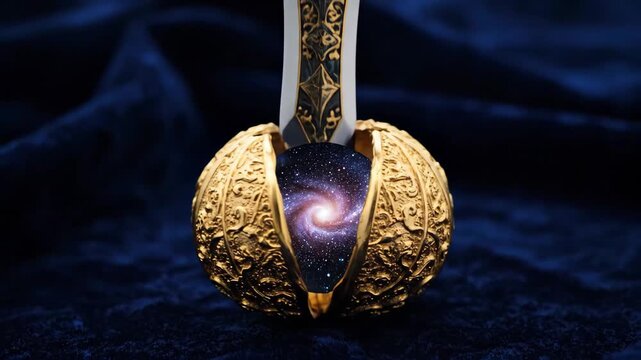 Ornate golden sphere balancing a sharp, decorative dagger blade on its surface against a plush dark blue velvet background, symbolizing precision, power, and stability
