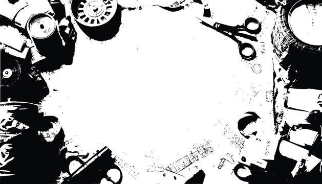 High-Contrast Black and White Abstract Border of Vintage Tools and Mechanical Parts Surrounding Central Copy Space 