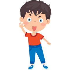 Cartoon Boy Waving Hello Wearing An Orange T Shirt Blue Jeans and White Sneakers With A Happy Expression And Brown Hair And Blue Eyes