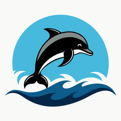 Leaping dolphin over blue waves and sun icon