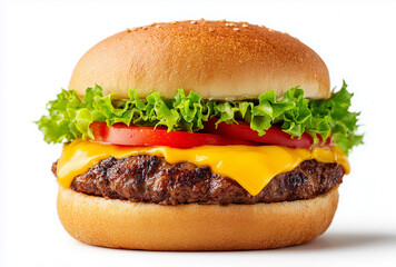 Photoshoot of classic burger for fast food branding. An appetizing burger with a beef patty. Delicious hamburger with white background. 