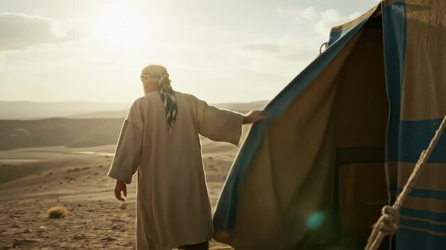 Old testament man, a patriarch in ancient robes, steps out of his tent into a vast desert landscape at sunset, journeying through biblical times.