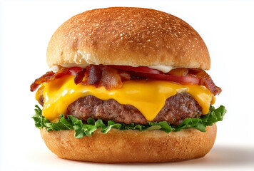 Photoshoot of classic burger for fast food branding. An appetizing burger with a beef patty. Delicious hamburger with white background. 