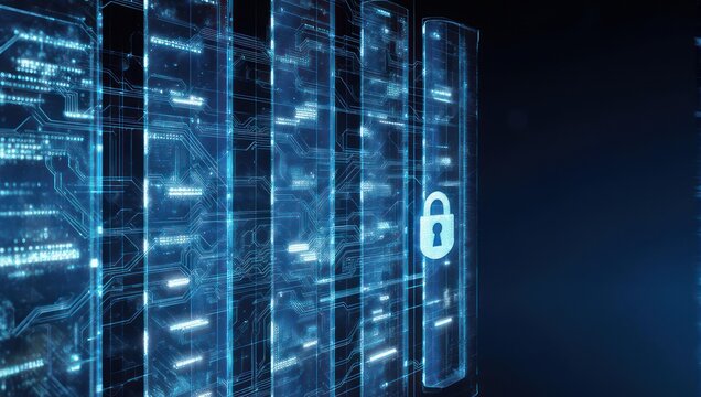 Secure Digital Data Server Room with Glowing Blue Lights and Padlock Icon. - Powered by Adobe