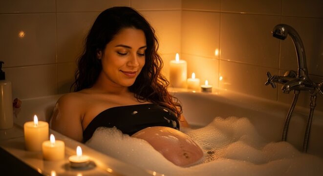 Pregnant woman relaxing in bathtub surrounded by candles and bubbles - Powered by Adobe