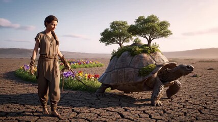 Woman leads giant tortoise across cracked desert; its shell sprouts trees and greenery, leaving a vibrant trail of flowers that symbolize hope, restoration and resilience