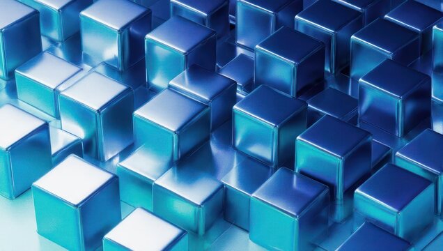 Abstract Arrangement of Metallic Blue Cubes with Reflective Surfaces.