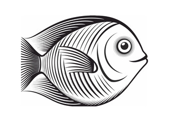 Detailed black and white fish drawing with intricate line work, vector art