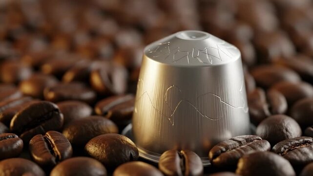 Coffee Capsule Surrounded by Roasted Beans - A Close-Up Still Life.