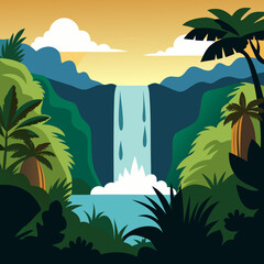 Vibrant tropical waterfall scene with lush greenery and sunset sky