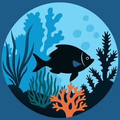 Stylized black fish swims through colorful coral reef