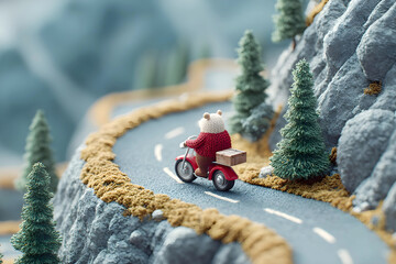 A cute teddy bear wearing a red jacket rides a tiny motorcycle with a package down a winding mountain road diorama with small pine trees