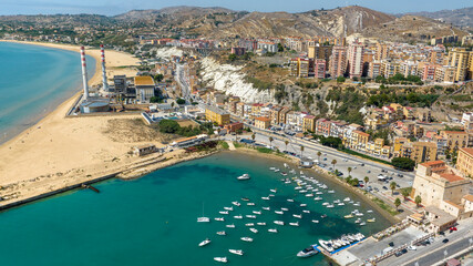 Aerial view of the Porto Empedocle waterfront. It is a small town in the province of Agrigento,...