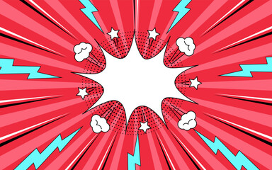 Comic pop art background with speech bubble. Comic book background with thunder and lightning in halftone style.