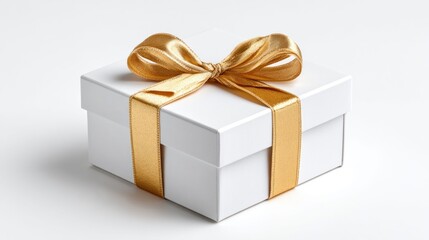 Obraz premium Elegant white gift box with gold ribbon and bow on a clean white background