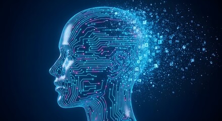 Fototapeta premium Abstract digital human head dissolving into glowing blue circuit board particles against a dark background symbolizing artificial intelligence and data