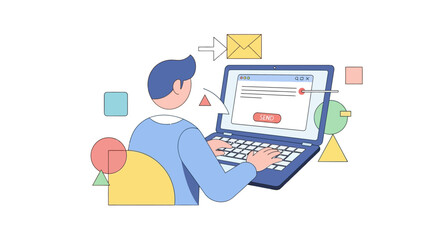 Naklejka premium Online Communication Man Submitting Email Form on Laptop, Digital Marketing Concept