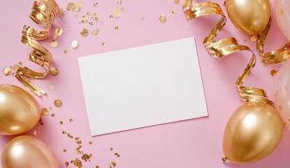 Pastel pink background, blank card surrounded by gold confetti, streamers, and balloons