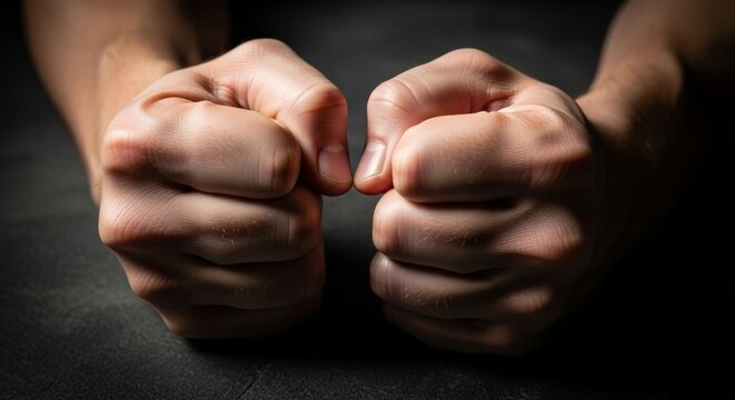Clenched fists showing tension and frustration on dark background  